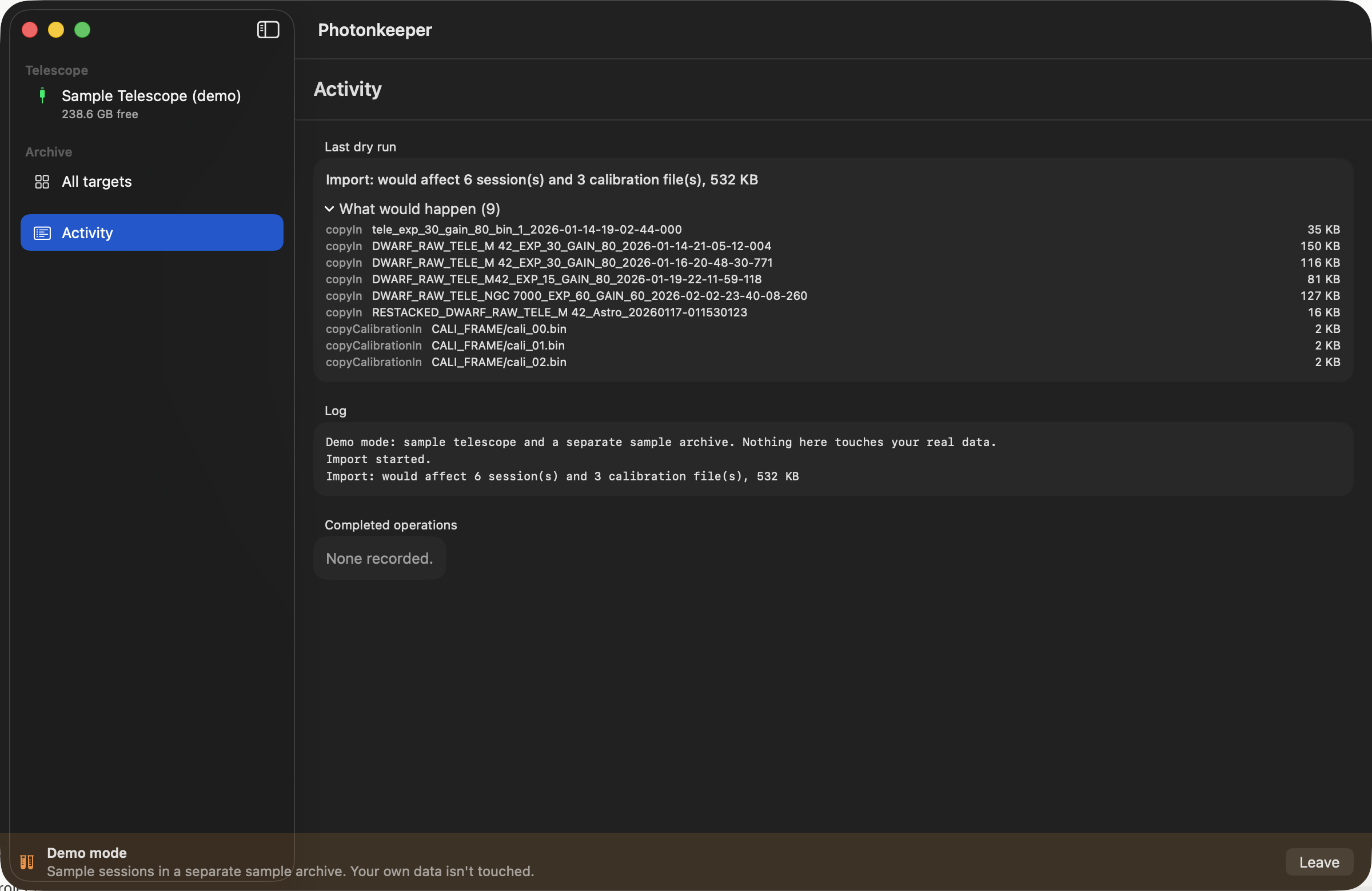 A dry run listing every file that would be copied, with sizes, before anything happens.