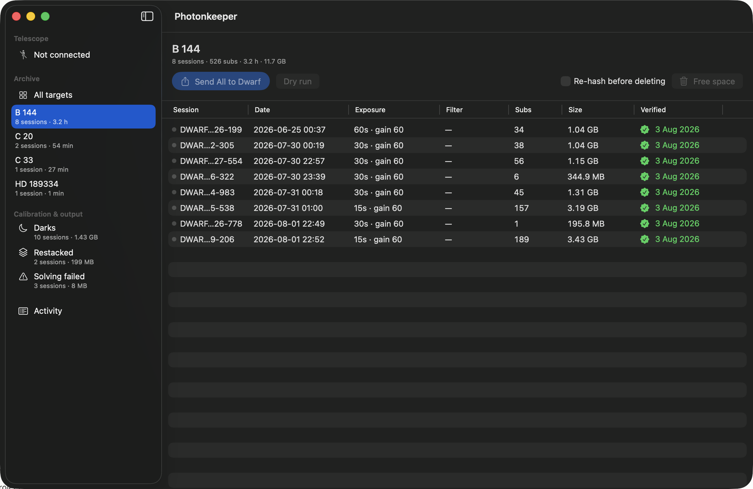 A target's sessions listed with dates, exposures, sub counts, sizes and a green verified column.