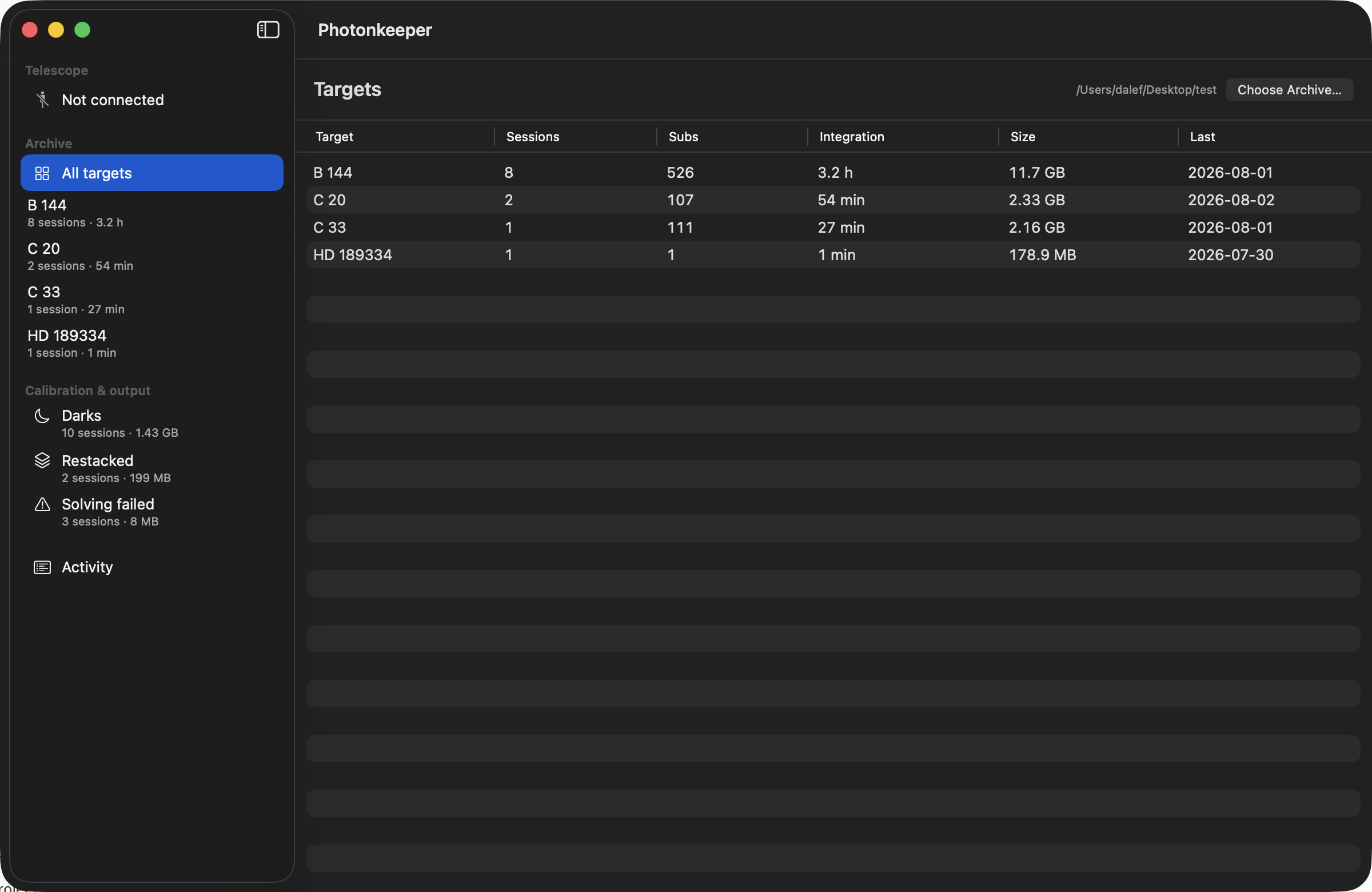 The archive sidebar listing targets with session counts and total integration time.